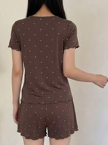 DAZY 2pcs Polka Dot Pattern Cardigan Short Sleeve Top And Shorts Pajama Set For Women, Fall Sleep Home Brown Polka Dot Cute Casual - Brown - View 2