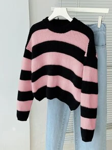 SHEIN Tween Girls Sweater Black Pink Striped Mock Neck Long Sleeve Pullover Knit Top Winter - Multicolor - View 5