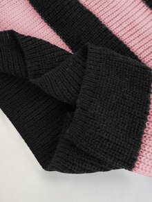 SHEIN Tween Girls Sweater Black Pink Striped Mock Neck Long Sleeve Pullover Knit Top Winter - Multicolor - View 7
