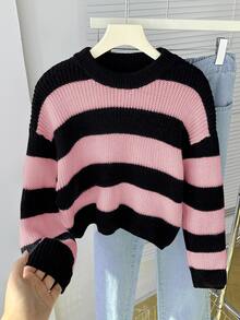 SHEIN Tween Girls Sweater Black Pink Striped Mock Neck Long Sleeve Pullover Knit Top Winter - Multicolor - View 4