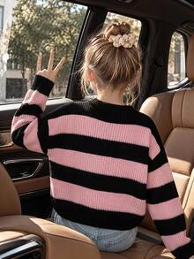 SHEIN Tween Girls Sweater Black Pink Striped Mock Neck Long Sleeve Pullover Knit Top Winter - Multicolor - View 8