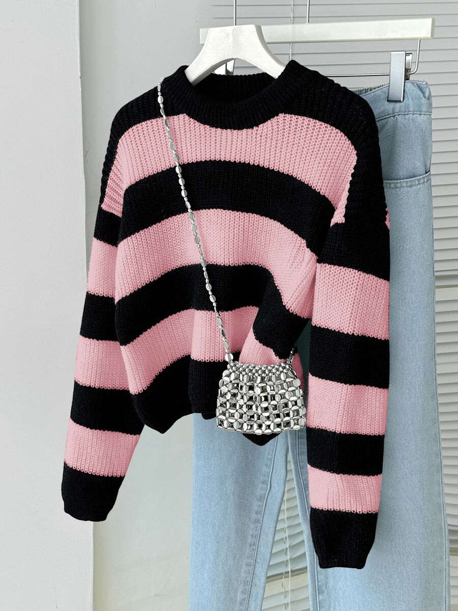 SHEIN Tween Girls Sweater Black Pink Striped Mock Neck Long Sleeve Pullover Knit Top Winter - Multicolor - View 1