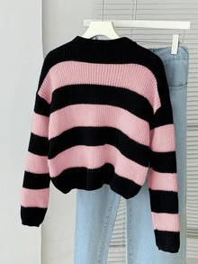 SHEIN Tween Girls Sweater Black Pink Striped Mock Neck Long Sleeve Pullover Knit Top Winter - Multicolor - View 2