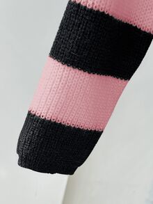 SHEIN Tween Girls Sweater Black Pink Striped Mock Neck Long Sleeve Pullover Knit Top Winter - Multicolor - View 6