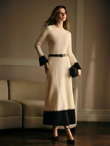 MOTF PREMIUM WOMEN'S COLORBLOCK LONG SLEEVE TOP AND SKIRT CASUAL KNIT SET - Apricot - View 8