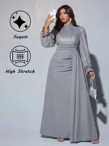 Viva Relle 大码女士优雅亮片装饰长袖收腰连衣裙，适合宴会、派对、婚礼宾客、新年、圣诞节等场合。 - 灰色 - 查看 1