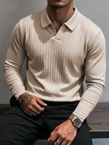 Manfinity CasualCool Men's Casual Versatile Solid Color Long Sleeve Polo Shirt, Formal - Apricot - View 6