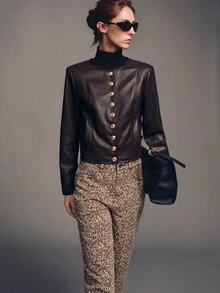 MOTF PREMIUM Short Fitted Metal Buckle Decor Jacket Coat, Autumn/Winter - Coffee Brown - View 3