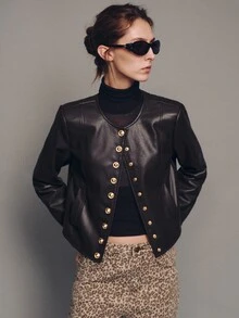 MOTF PREMIUM Short Fitted Metal Buckle Decor Jacket Coat, Autumn/Winter - Coffee Brown - View 1