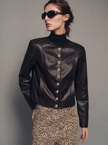 MOTF PREMIUM Short Fitted Metal Buckle Decor Jacket Coat, Autumn/Winter - Coffee Brown - View 5