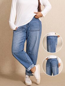 Elaquor Plus Size Women's Casual Daily Denim Jeans ,High-Rise Cargo Jeans With Elastic-Back Waist, Utility Pockets And Cuffed Hem,Halloween,Christmas,New Year - Blue - View 4
