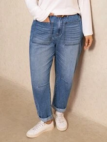 Elaquor Plus Size Women's Casual Daily Denim Jeans ,High-Rise Cargo Jeans With Elastic-Back Waist, Utility Pockets And Cuffed Hem,Halloween,Christmas,New Year - Blue - View 9