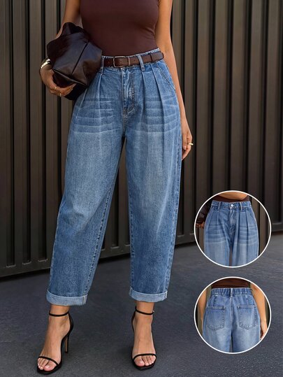 Firerie Women's Minimalist Fashion Zipper Fly Rolled Hem Jeans,Barrel-Leg Jeans,High-Waisted Jeans,Balloon Jeans,Elastic Back Waist,Tapered Denim,Christmas