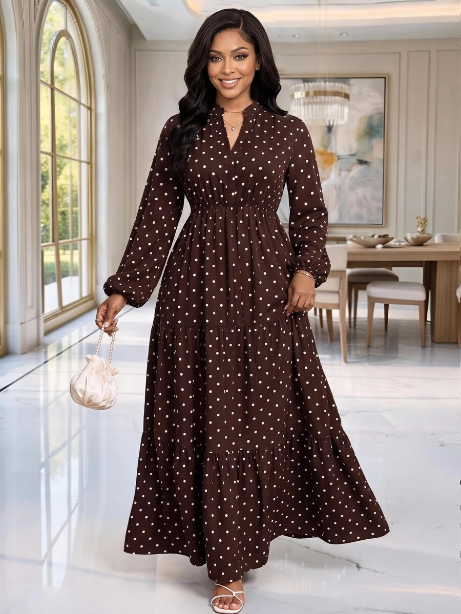 SHEIN Lady Plus Size French Brown Print Long Sleeve Vacation Dress Fall Brunch Party Evening Elegant - Brown - View 1