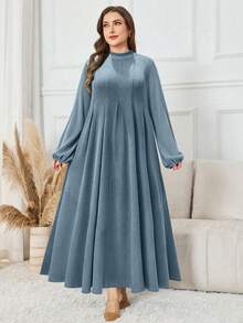 Seusyu Plus Size Women's Gray-Blue Brushed Ribbed Long Sleeve Casual Dress, Suitable For Daily Wear, Home, Breakfast And Dinner - Blue - View 5