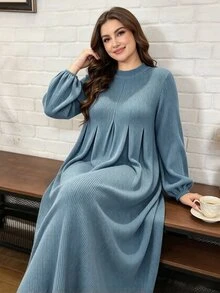 Seusyu Plus Size Women's Gray-Blue Brushed Ribbed Long Sleeve Casual Dress, Suitable For Daily Wear, Home, Breakfast And Dinner - Blue - View 1