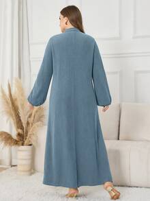 Seusyu Plus Size Women's Gray-Blue Brushed Ribbed Long Sleeve Casual Dress, Suitable For Daily Wear, Home, Breakfast And Dinner - Blue - View 2