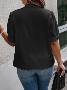 Vionelle Blusa de cuello con cordón de manga farol - Negro - Ver 2