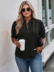 Vionelle Blusa de cuello con cordón de manga farol - Negro - Ver 1