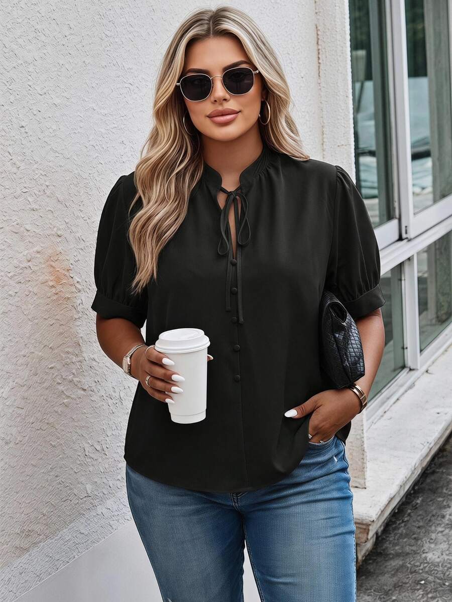 Vionelle Blusa de cuello con cordón de manga farol - Negro - Ver 1