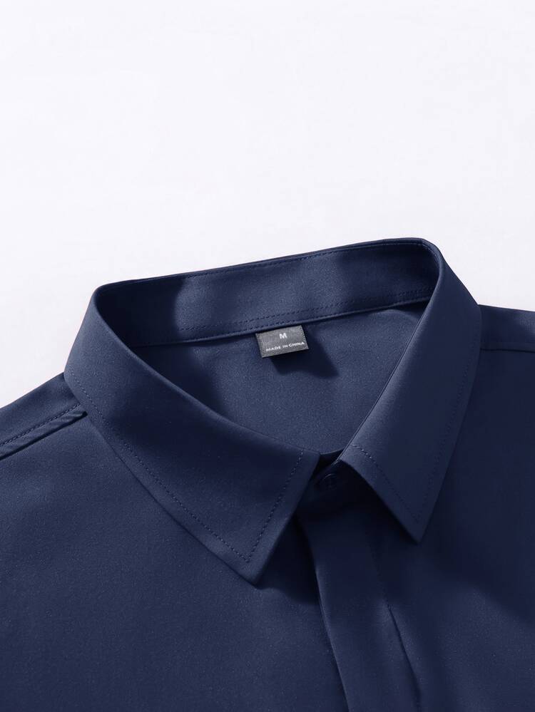 Manfinity Mode Men's Long Sleeve Dress Shirt,White,Autumn,Elegant,Formal,Teachers' Day,Solid Color Business Casual & Formal Button-Up,Regular Fit,Smooth Texture - Navy Blue - View 6