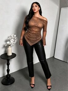 Firerie Deer Pattern Long Sleeve T-Shirt, Asymmetrical Hem And Shoulder Pleat Design, Suitable For Autumn/Winter, Plus Size Autumn T-Shirt - Multicolor - View 7