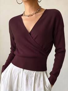 RosyDaze Women's T-Shirt, Elegant Front Cross Design, Comfortable Soft Fabric, Coffee Color Top, V-Neck Long Sleeve Waist-Cinching Design - Burgundy - View 1