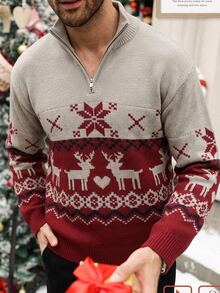 Manfinity Homme Men's Christmas Element Jacquard Zip-Up Half-Placket Sweater, Couple Outfit, Office Work Autumn, Best Holiday Gift - Multicolor - View 2