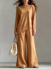 Trelyra 女款蕾絲拼接長袖上衣與長褲休閒日常兩件套 - 卡其色 - 查看 6