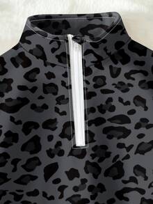 Young Girl Leopard Print Half-Zip Stand Collar Pullover Sweatshirt, Black Top, Winter Tops - Multicolor - View 4