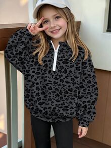 Young Girl Leopard Print Half-Zip Stand Collar Pullover Sweatshirt, Black Top, Winter Tops - Multicolor - View 1