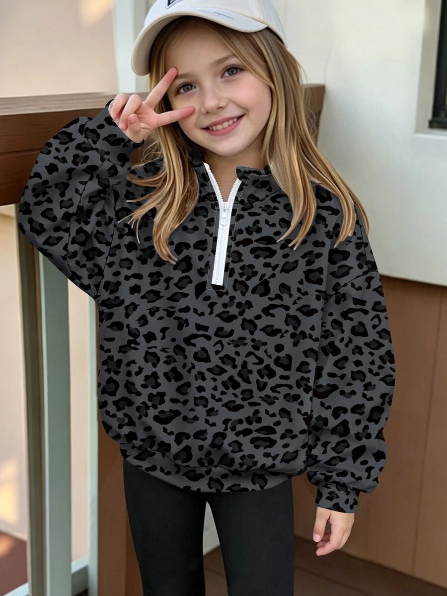Young Girl Leopard Print Half-Zip Stand Collar Pullover Sweatshirt, Black Top, Winter Tops - Multicolor - View 1