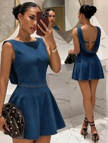 Slaydiva Women's Backless Denim Mini Dress, Sleeveless Fit-And-Flare Jean For Date Night Going Out Club And Parties, Halloween, Christmas Fall Sexy - Blue - View 2