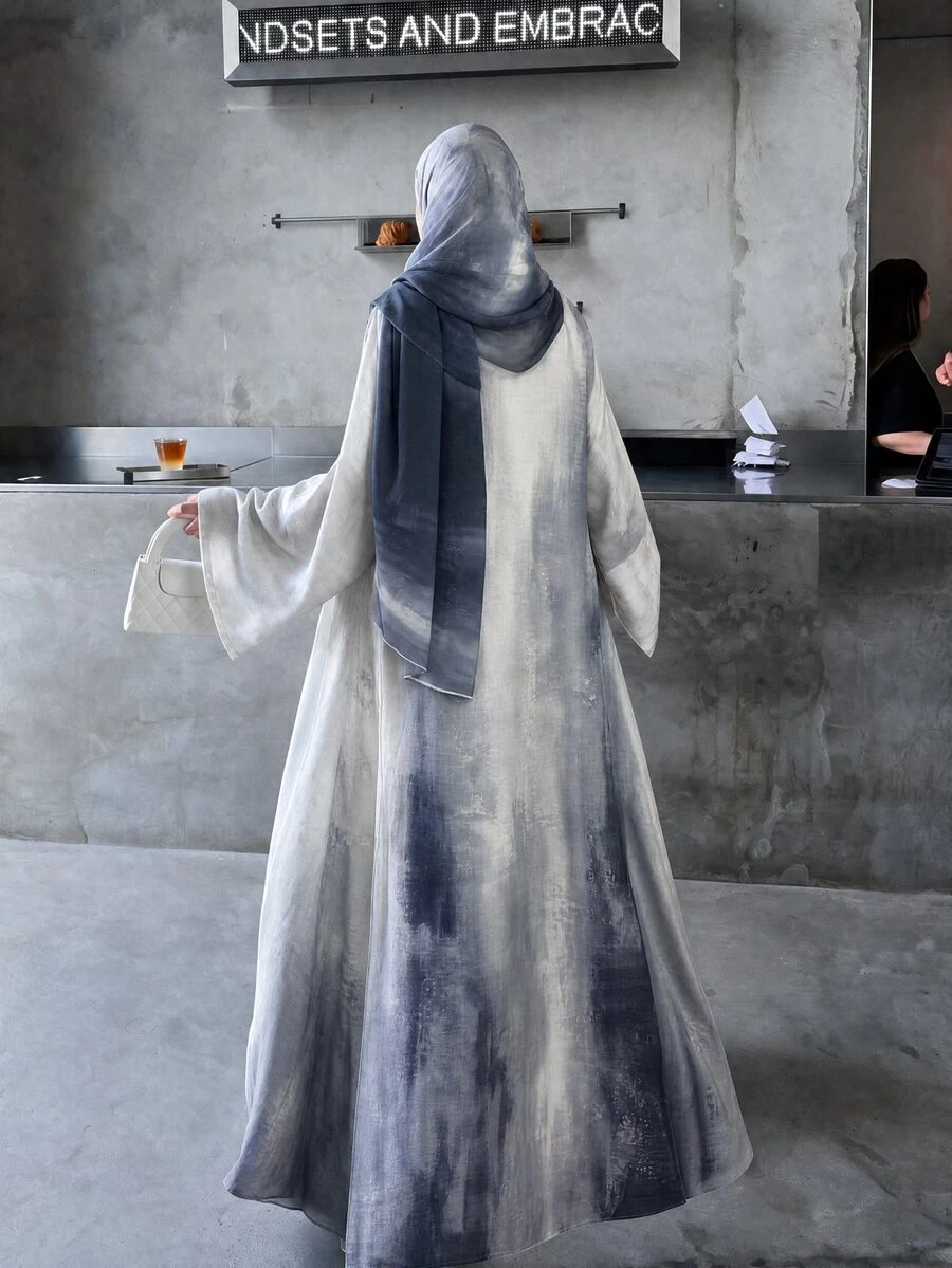 Yasmyna Women's Printed Casual Elegant Loose Long Robe With Headscarf - Grey - View 1