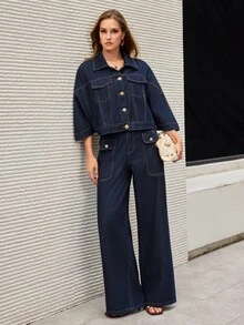 Selenza 女款腰部鈕扣設計口袋直筒休閒牛仔褲 - 藍色 - 查看 15