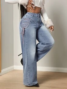 BamGleam Women's Loose Button Denim Jeans Streetwear - Light Wash - View 3