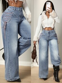 BamGleam Women's Loose Button Denim Jeans Streetwear - Light Wash - View 1