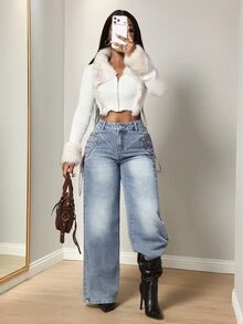 BamGleam Women's Loose Button Denim Jeans Streetwear - Light Wash - View 8