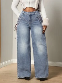 BamGleam Women's Loose Button Denim Jeans Streetwear - Light Wash - View 4