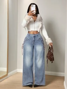 BamGleam Women's Loose Button Denim Jeans Streetwear - Light Wash - View 7