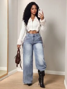 BamGleam Women's Loose Button Denim Jeans Streetwear - Light Wash - View 9