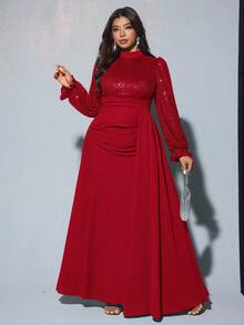 Viva Relle 大尺碼女款優雅亮片裝飾長袖修身傘裙，適合宴會、派對、婚禮賓客、新年、聖誕節 - 紅色 - 查看 3