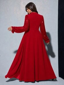 Viva Relle 大尺碼女款優雅亮片裝飾長袖修身傘裙，適合宴會、派對、婚禮賓客、新年、聖誕節 - 紅色 - 查看 4