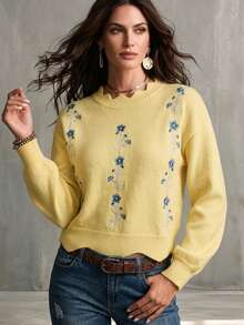 EMERY ROSE Loose Fit Floral Embroidered Sweater With Lace Collar, Autumn/Winter - Yellow - View 8