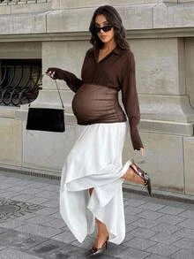 MaterniWear Maternity French Button Half-Placket Contrast Color Dress Fall - Brown - View 1