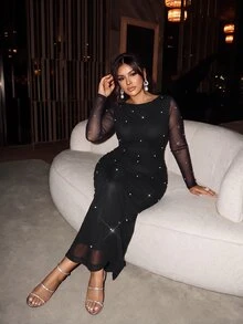 Firerie Plus Size Women's Mesh Patchwork Faux Pearl Decor Casual Sexy Elegant Party Evening Dress Christmas New Year Black Party Dress For Women Fall/Winter - Black - View 5