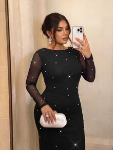 Firerie Plus Size Women's Mesh Patchwork Faux Pearl Decor Casual Sexy Elegant Party Evening Dress Christmas New Year Black Party Dress For Women Fall/Winter - Black - View 3