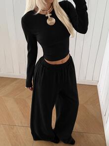 SHEIN EZwear 黑色針織女款圓領長袖T恤與長褲套裝，居家休閒旅行秋季日常休閒穿搭 - 黑色 - 查看 5