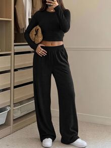 SHEIN EZwear 黑色針織女款圓領長袖T恤與長褲套裝，居家休閒旅行秋季日常休閒穿搭 - 黑色 - 查看 1