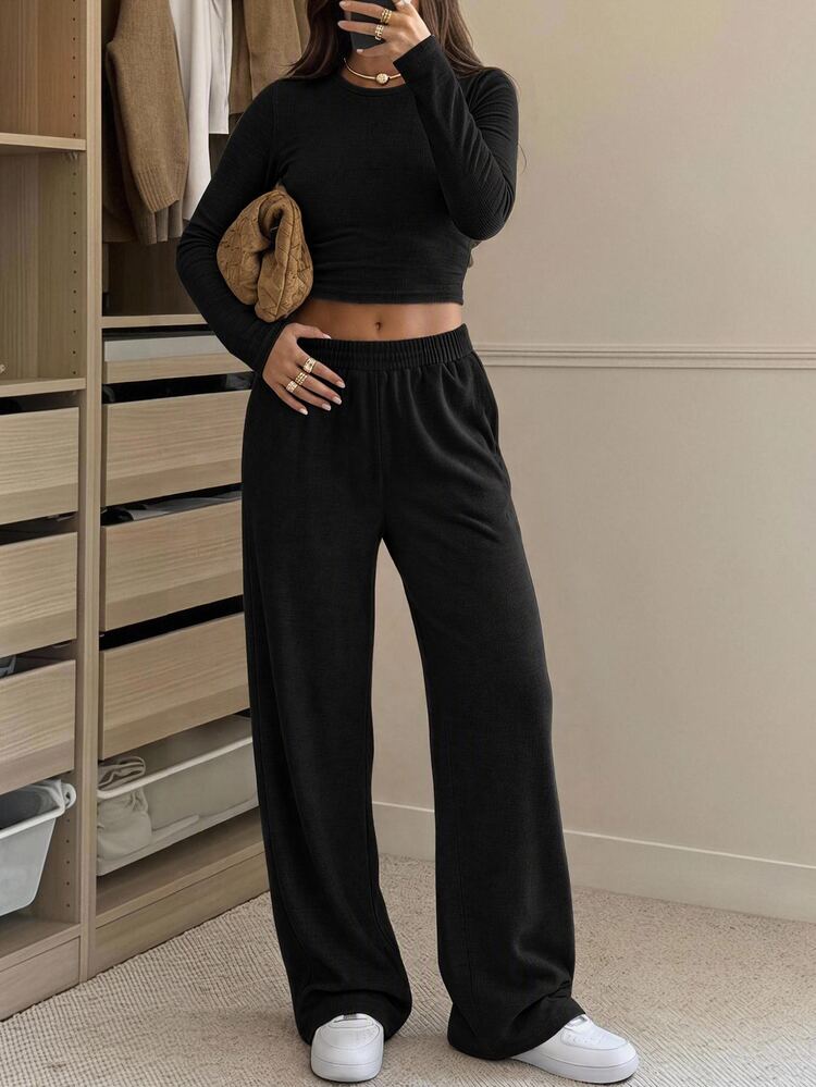 SHEIN EZwear Black Knitted Women's Crew Neck Long Sleeve T-Shirt And Pants Set Lounge Travel Fall Casual Everyday - Black - View 1